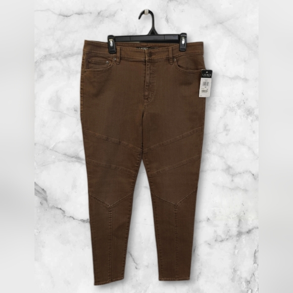 NWT Lauren Ralph Lauren Moto Pants Size 14 Brown Neutral - Picture 2 of 7